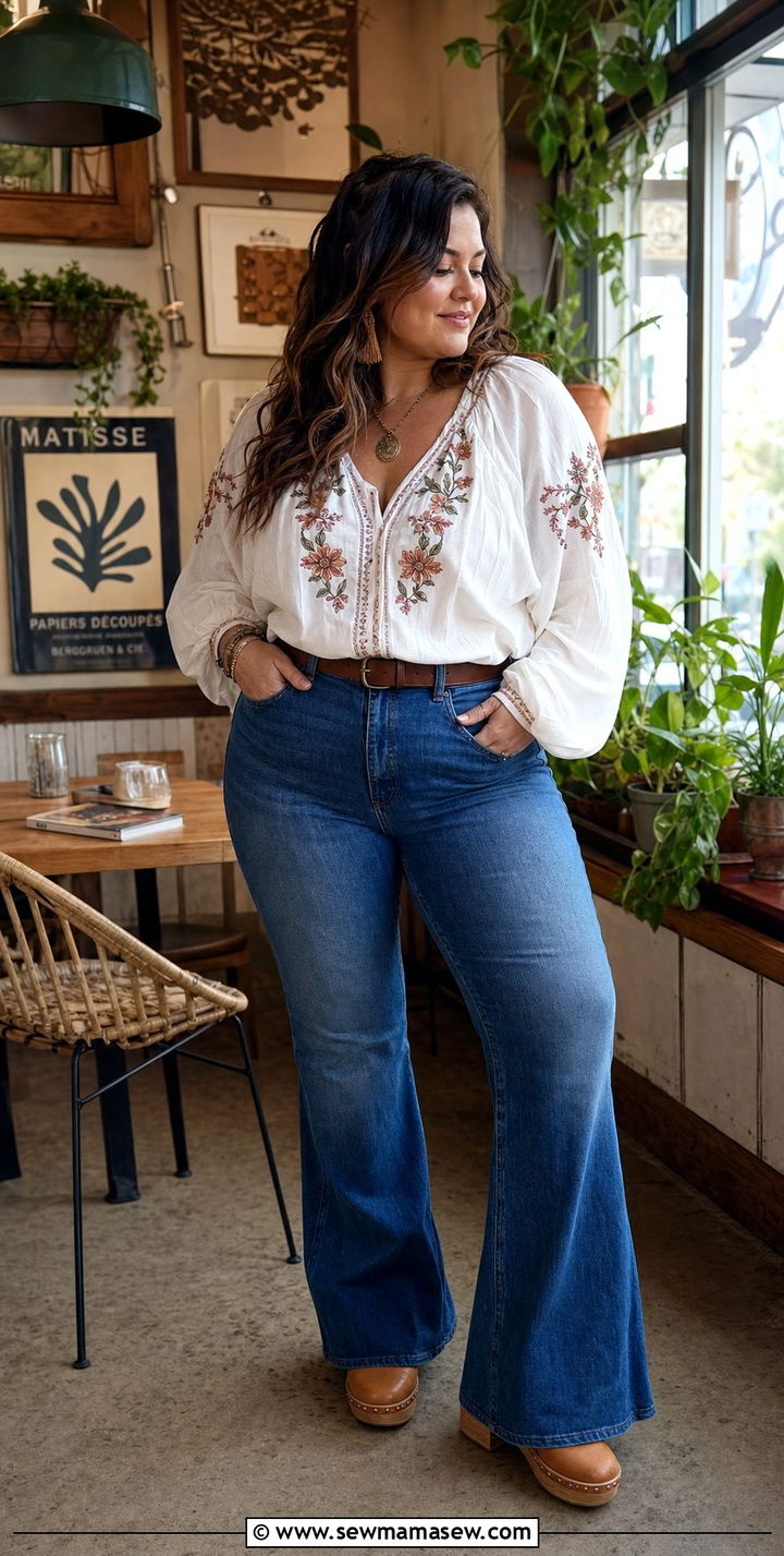Boho Peasant Blouse And Flared Jeans - 35 Brunch outfits for curvy women