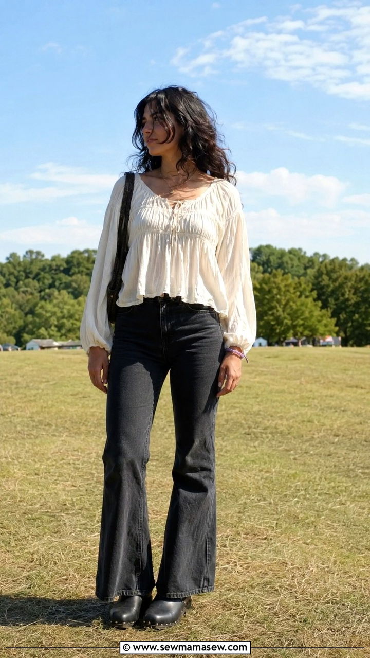 Boho Peasant Blouse With Flare Jeans and Clog Boots - 30 casual poetcore outfits