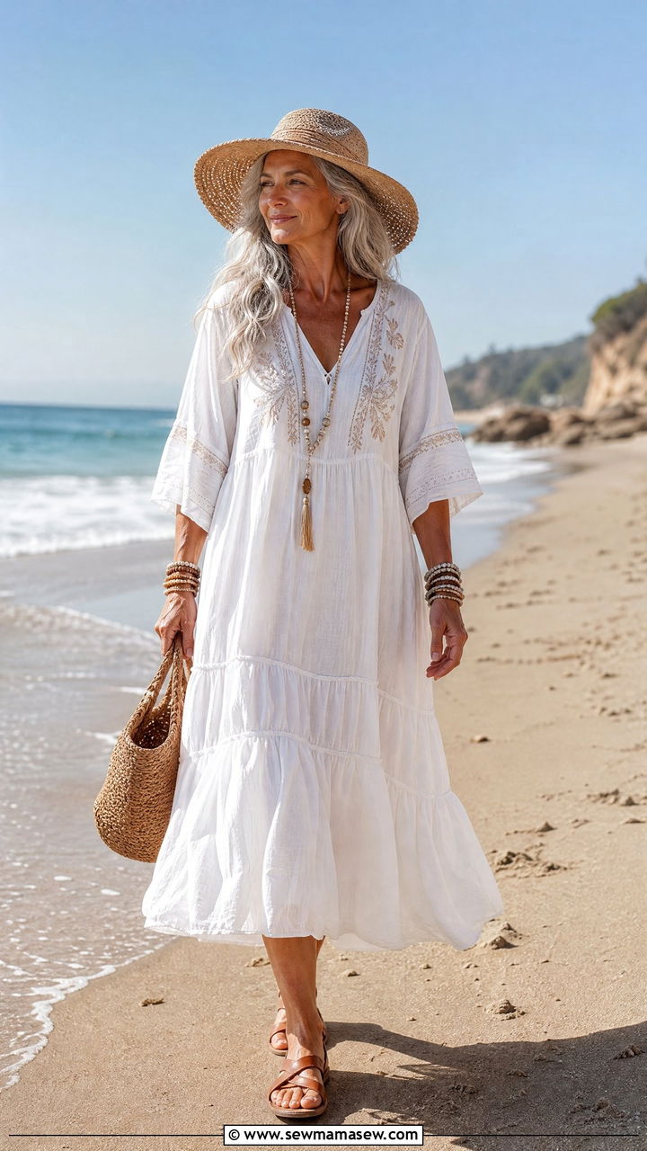 Boho Peasant Dress with Flat Sandals - 30 Elegant outfits for older women