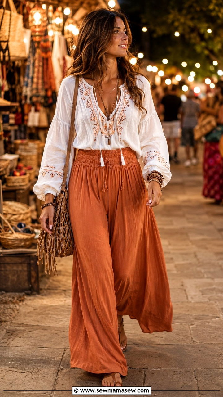 Boho Peasant Top With Flowy Palazzo Pants - 25 Vacation outfit ideas modest women