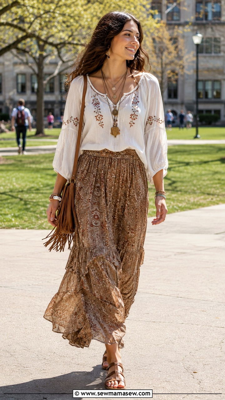 Boho Peasant Top and Flowy Maxi Skirt Outfit - 30 Spring outfits for college students