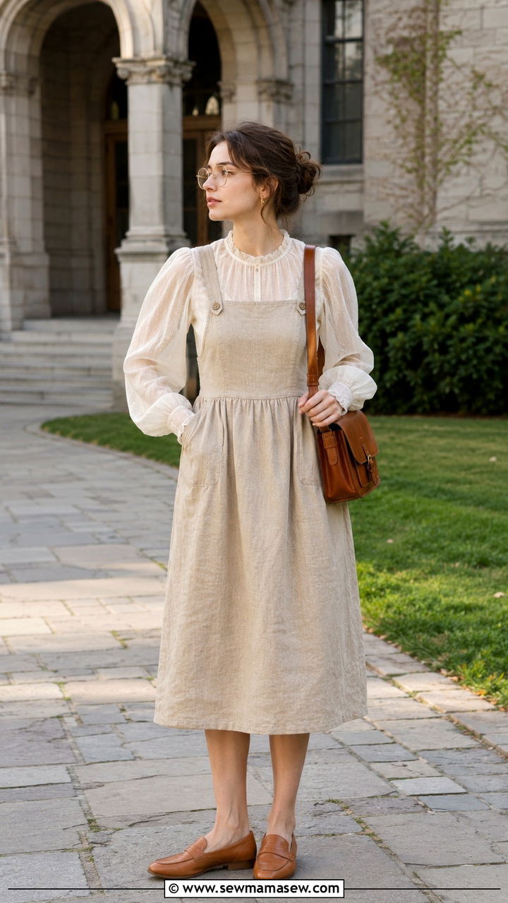 Boho Pinafore Dress Over Puff Sleeve Blouse - 30 Bohemian wardrobe essentials