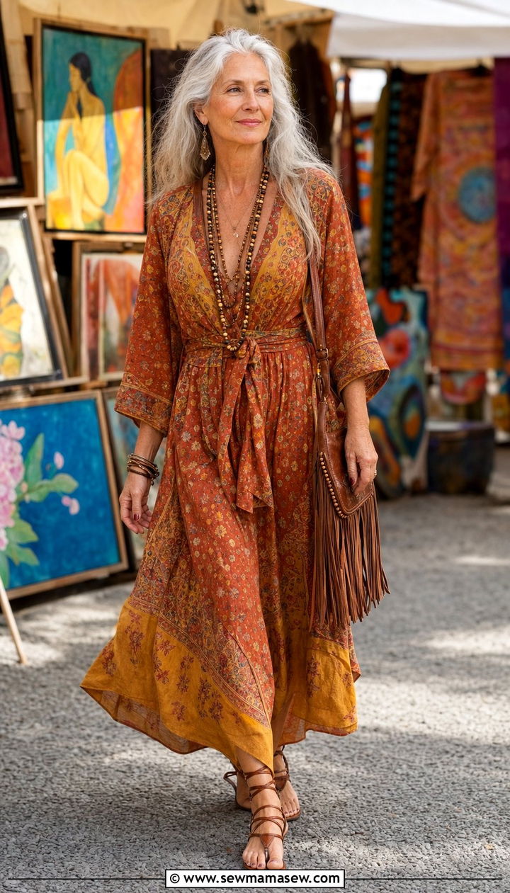 Boho Print Dress With A Fringed Crossbody Bag - 25 Dress outfit ideas for women over 60