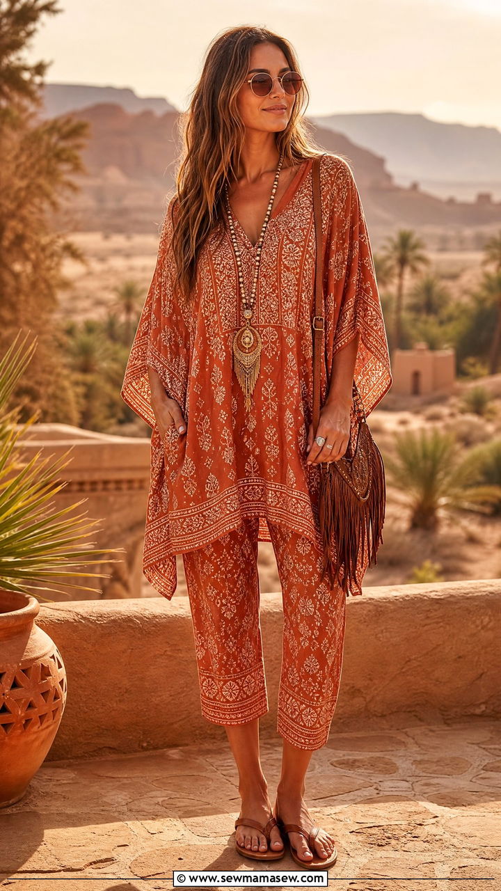 Boho Print Kaftan and Capri Pants Set - 30 Matching set outfit ideas for vacation