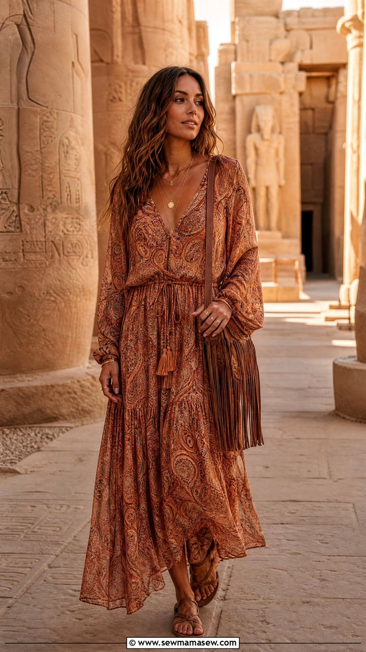 Boho Print Maxi Dress With Layered Necklaces - 35 Luxor outfit ideas