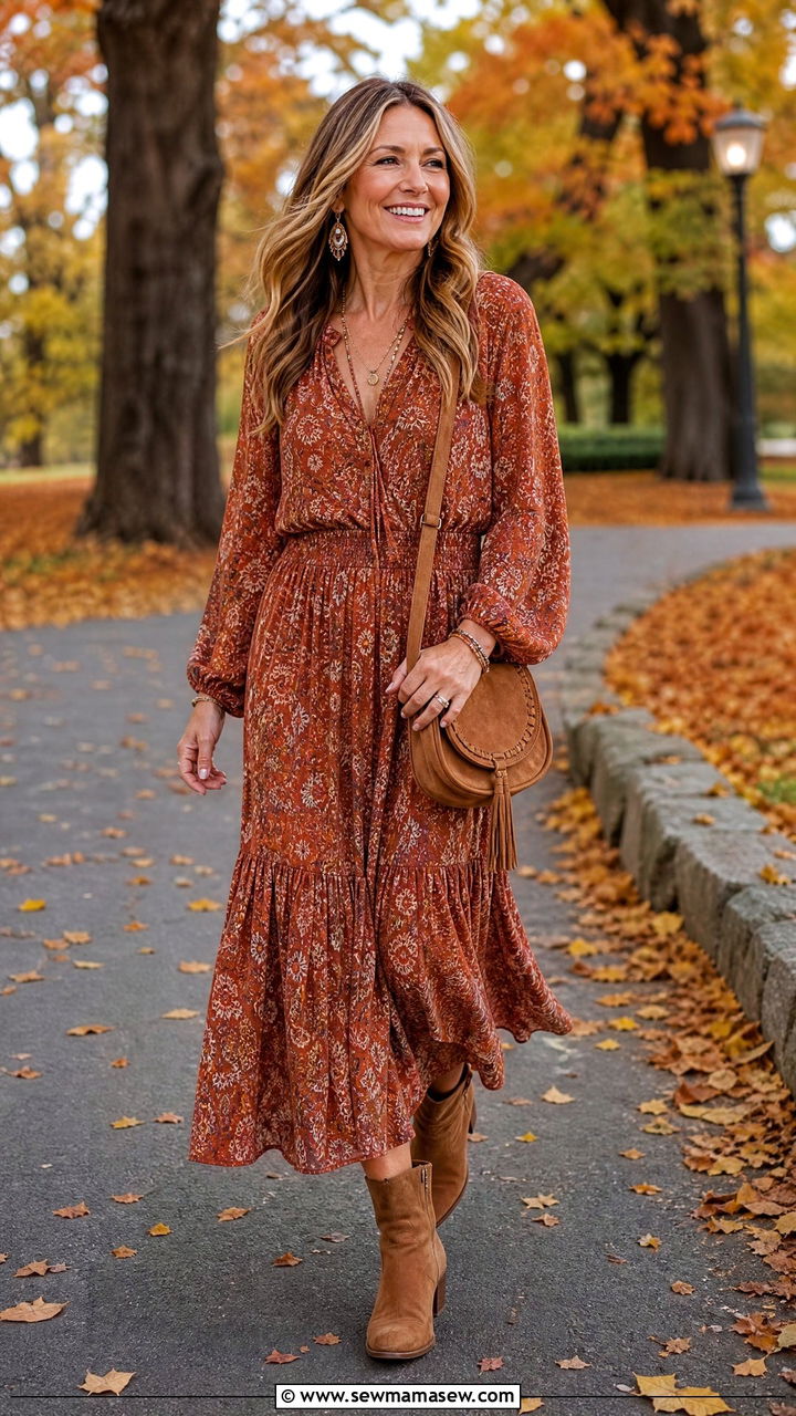 Boho Print Maxi Dress With Western Ankle Boots - 30 Maxi dress for women over 40 outfit ideas