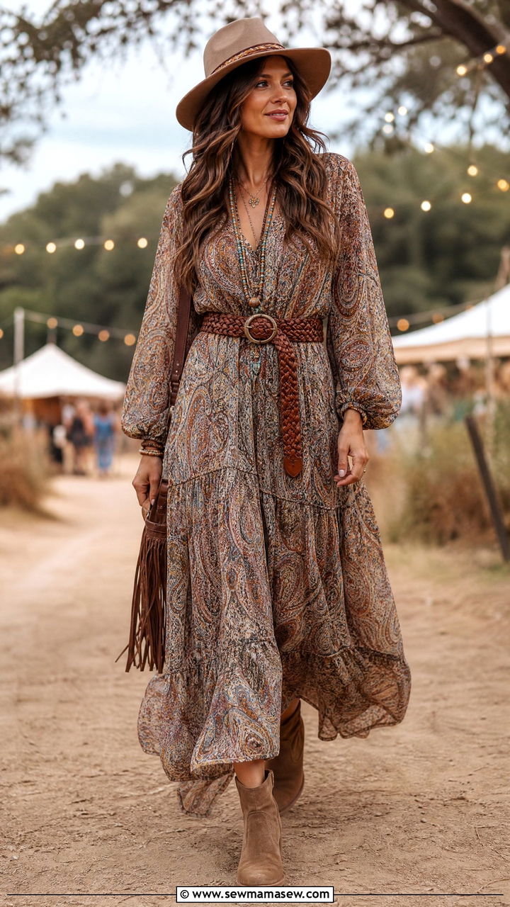 Boho Print Maxi Dress with Wide Braided Belt and Ankle Boots - 30 Maxi dress outfit ideas with a belt
