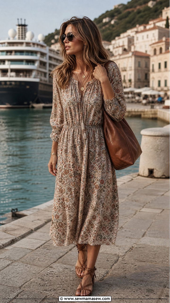 Boho Print Peasant Dress With Ankle Tie Sandals - 30 Cruise embarkation outfit ideas