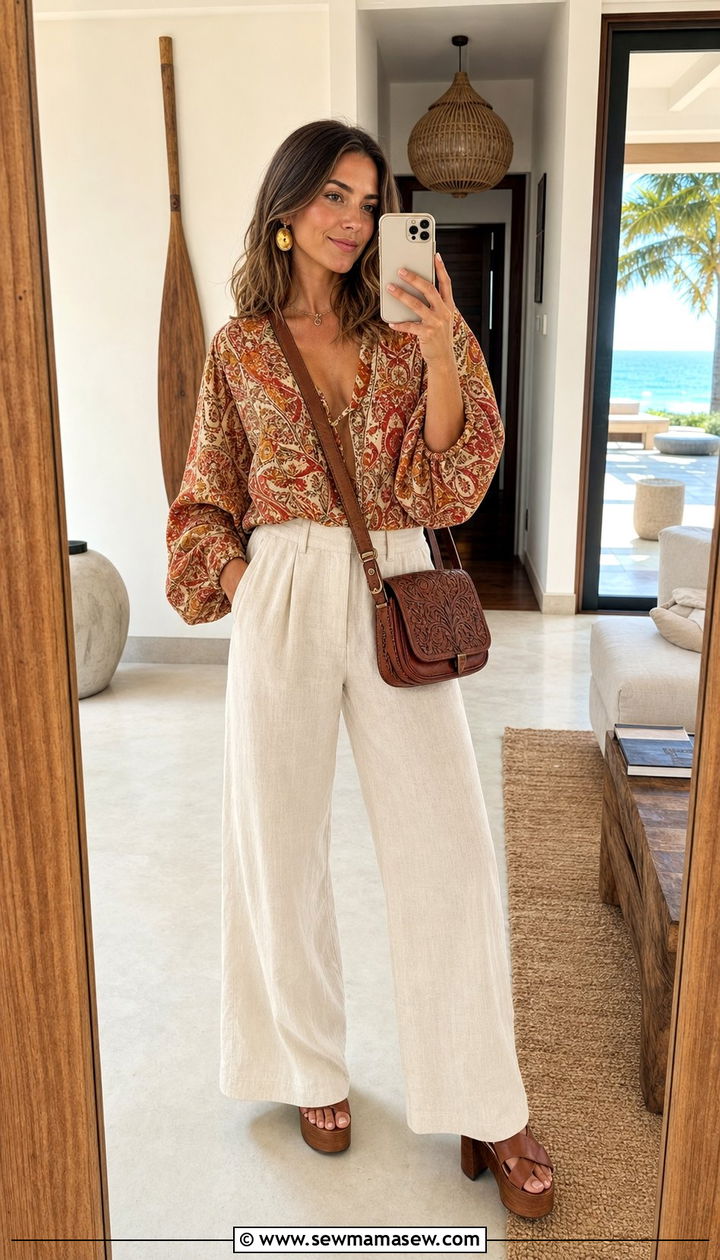 Boho Print Top And Linen Pants - 35 beach vacation outfits for women