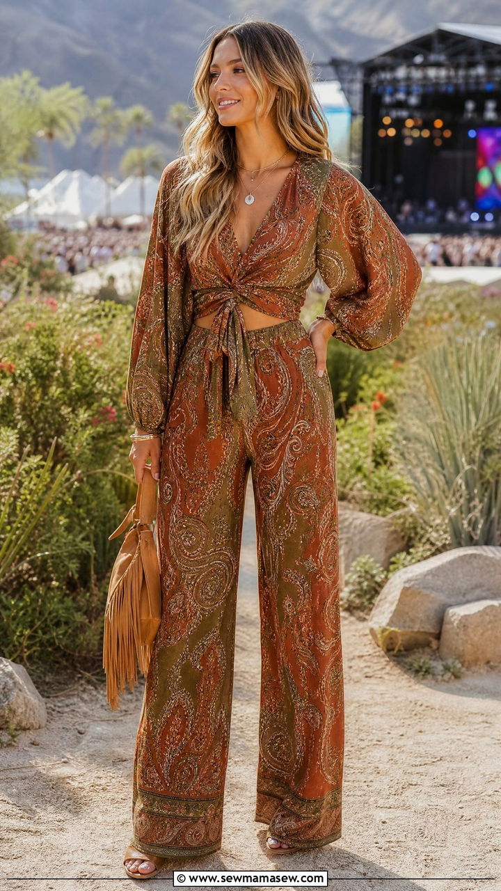 Boho Print Wrap Blouse and Wide Leg Pants Set - 30 Matching set outfit ideas spring