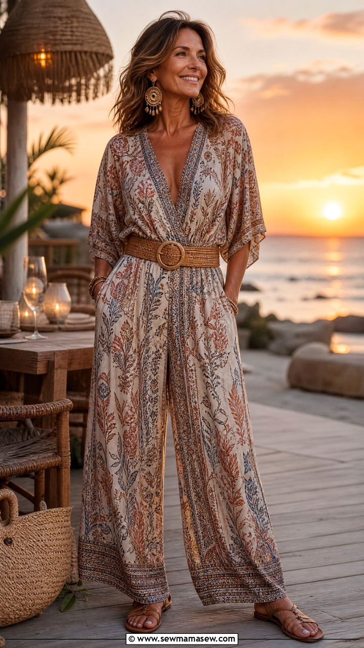 Boho Printed Jumpsuit with Woven Belt - 30 boho chic outfit ideas for women over 40