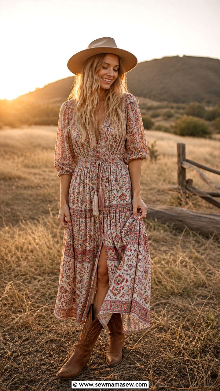 Boho Printed Maxi Dress With Cowboy Boots And Wide Brim Hat - 40 maxi dress outfits