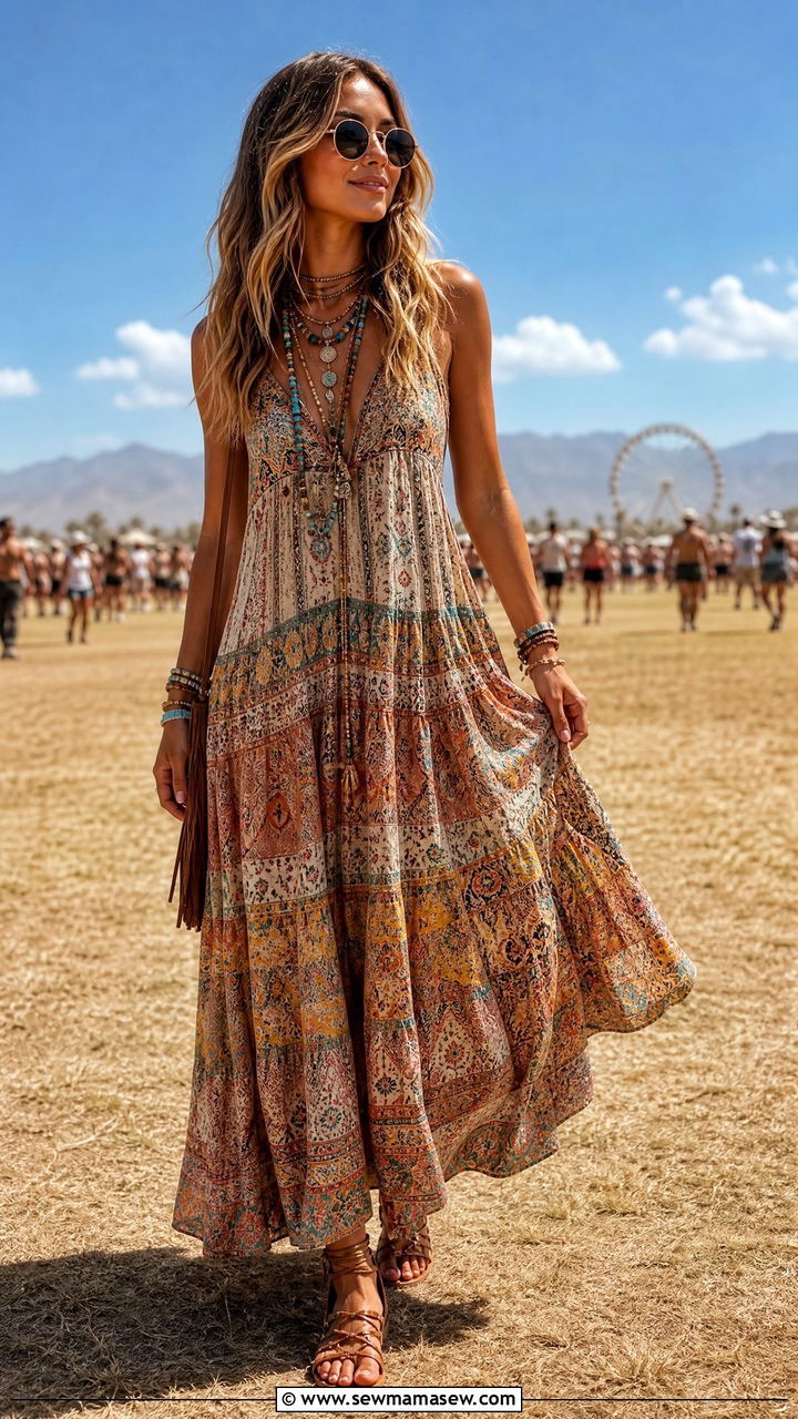 Boho Printed Maxi Dress With Gladiator Sandals - 35 hot weather outfits Pinterest
