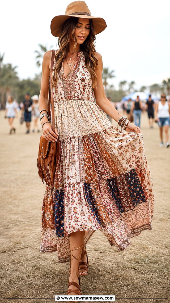 Boho Printed Maxi Dress With Lace Up Sandals - 30 Spring outfits with sandals