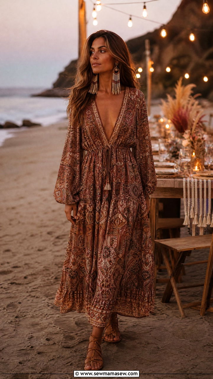 Boho Printed Maxi Dress With Tassel Earrings - 40 summer beach vacation outfit ideas