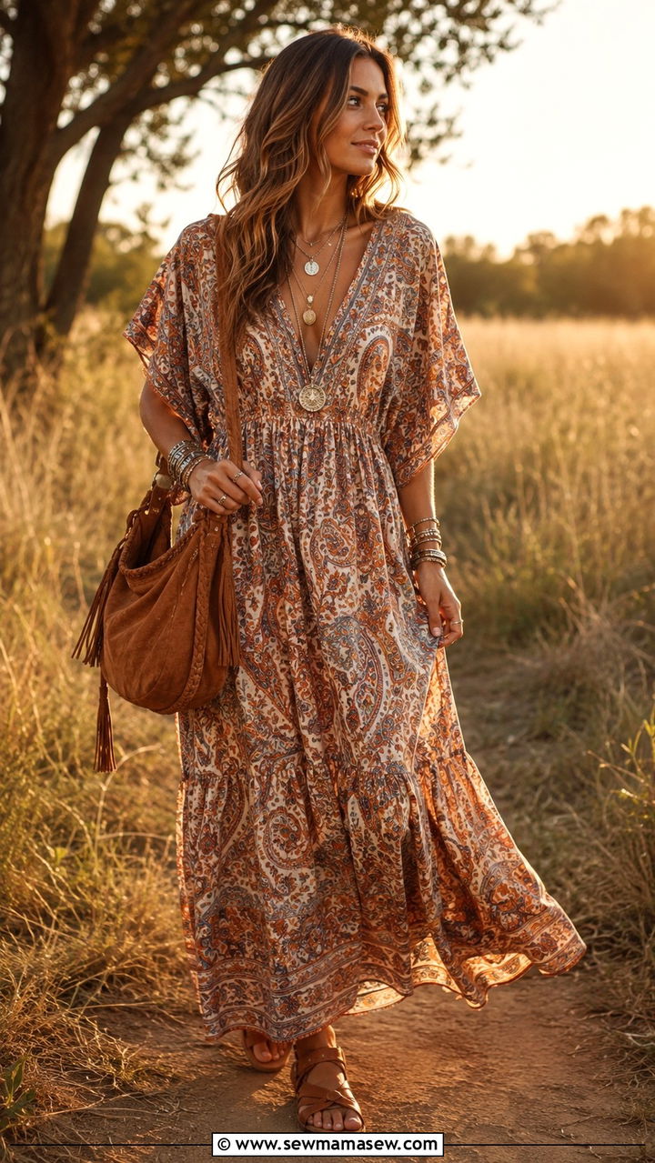 Boho Printed Maxi Dress with Flat Sandals - 30 Spring outfits with maxi dresses