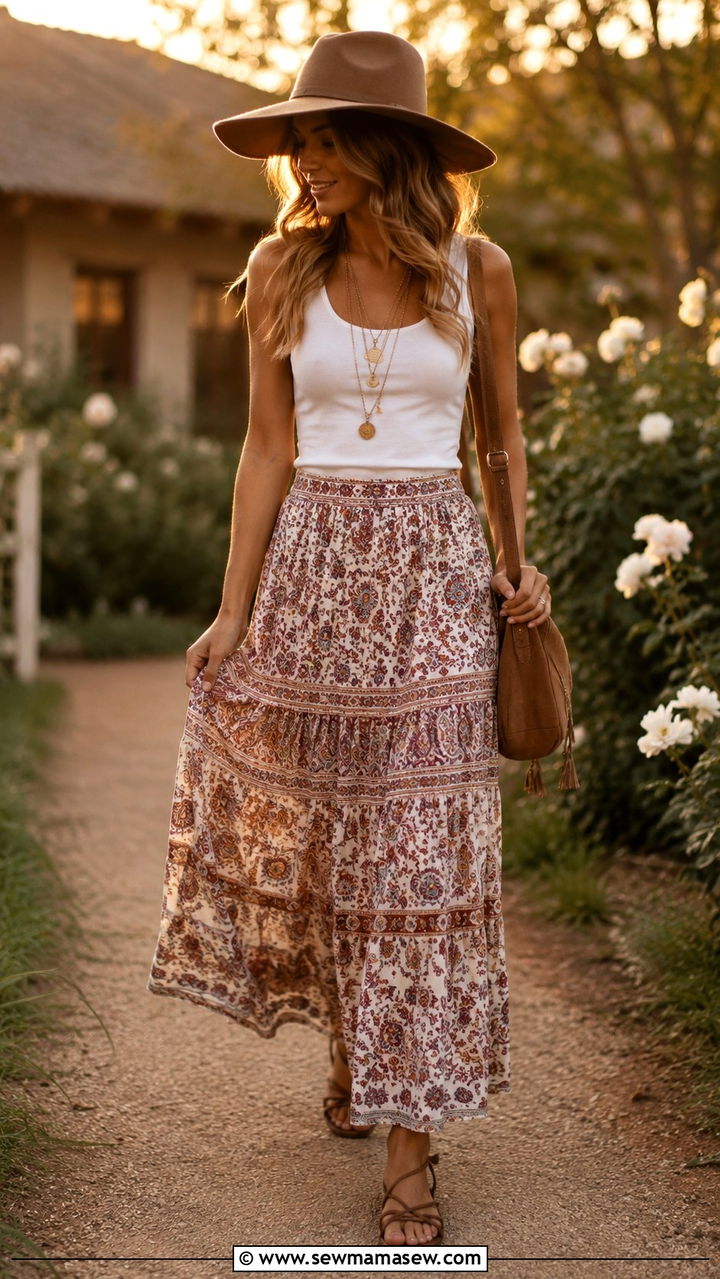 Boho Printed Maxi Skirt With Tank - 30 spring trendy outfit ideas