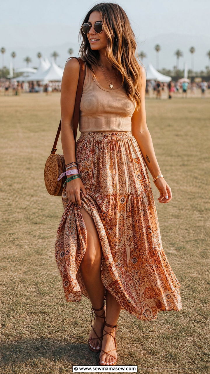 Boho Printed Maxi Skirt and Tank Outfit - 35 June outfits for women