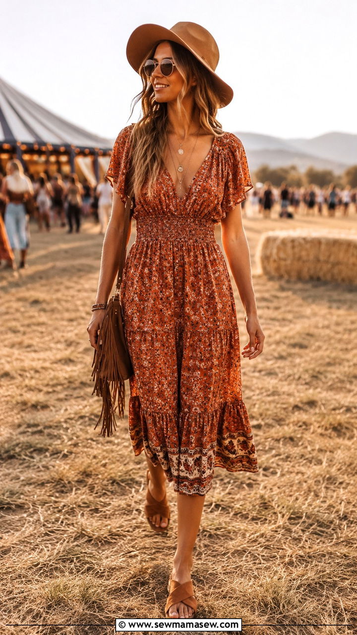 Boho Printed Midi Dress With Suede Sandals - 30 Midi dress outfit ideas for summer