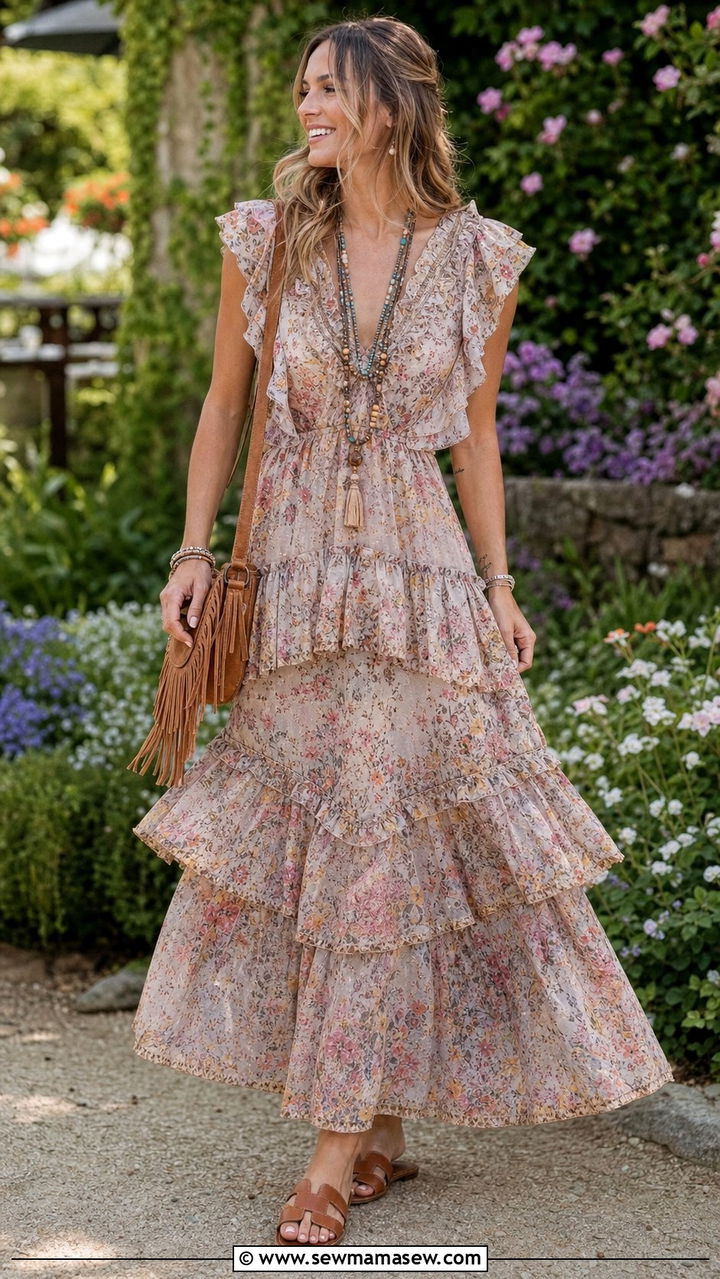 Boho Ruffled Maxi Dress Outfit - 25 Early May outfit ideas