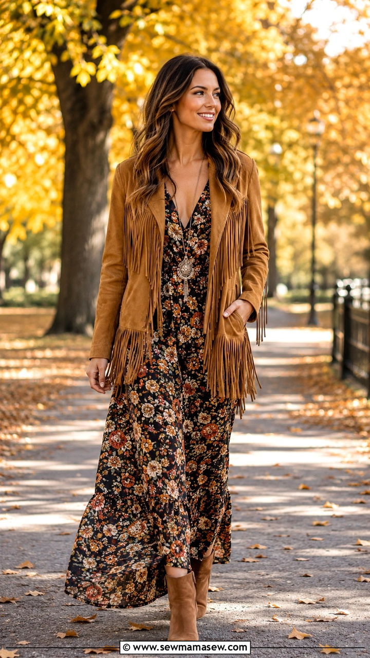 Boho Suede Fringe Jacket With Floral Maxi Dress - 25 Boho outfit ideas with fringe