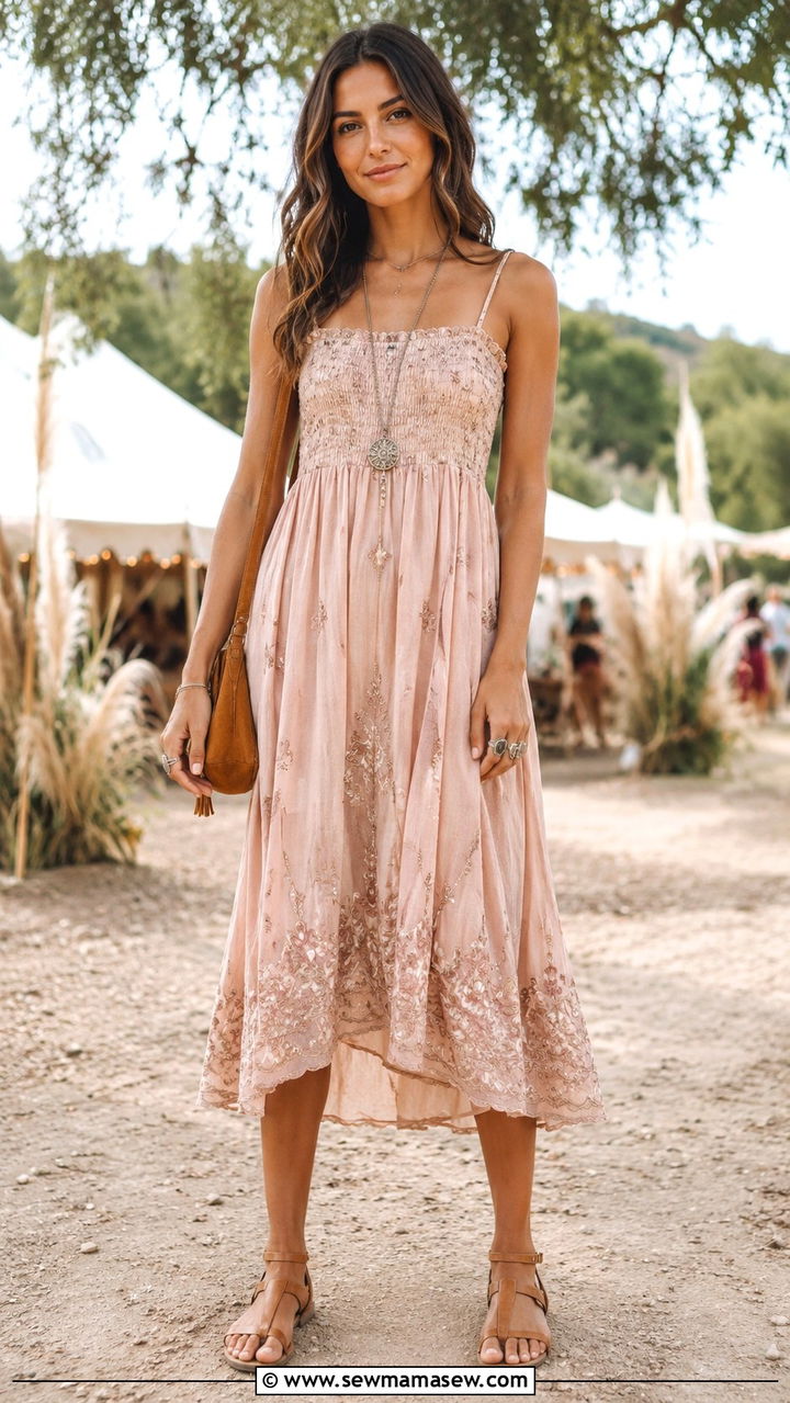 Boho Sundress with Flat Leather Sandals Outfit - 25 Mid July outfit ideas