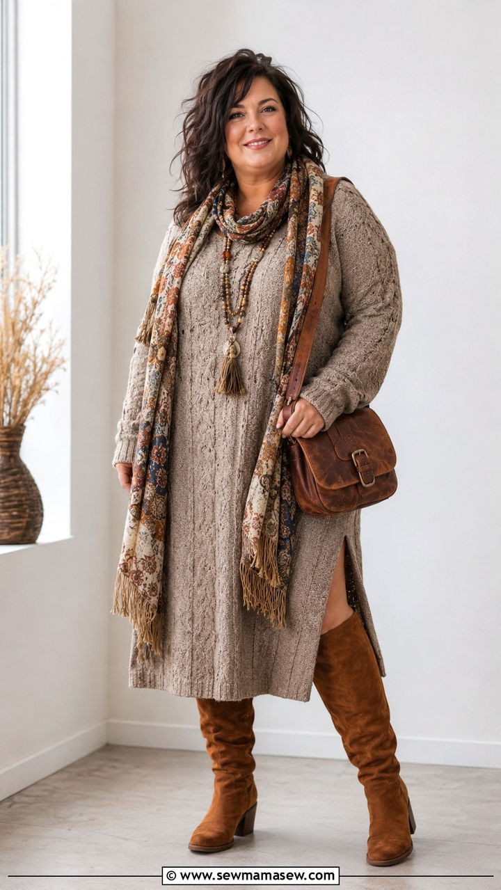 Boho Sweater Dress With Knee High Boots - 25 Plus size outfit ideas boho