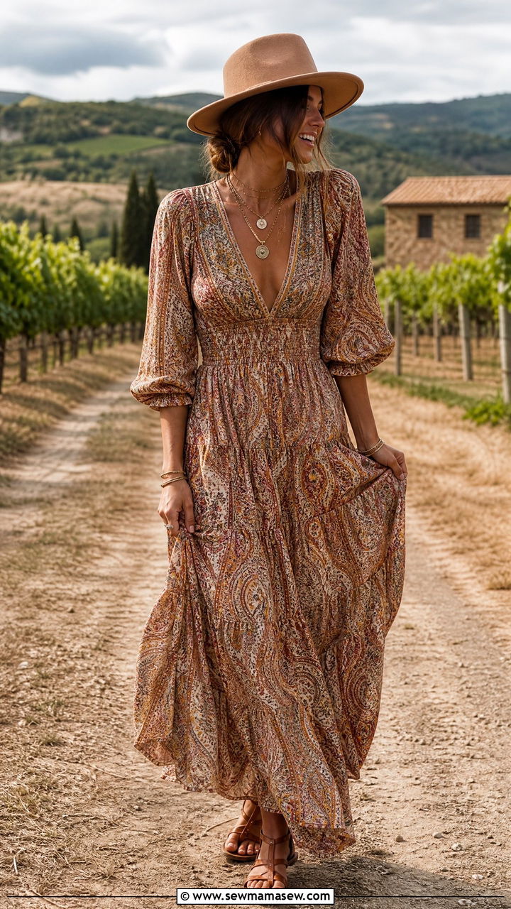 Boho Tiered Maxi Dress with Gladiator Sandals - 30 Maxi dress for vacation outfit ideas