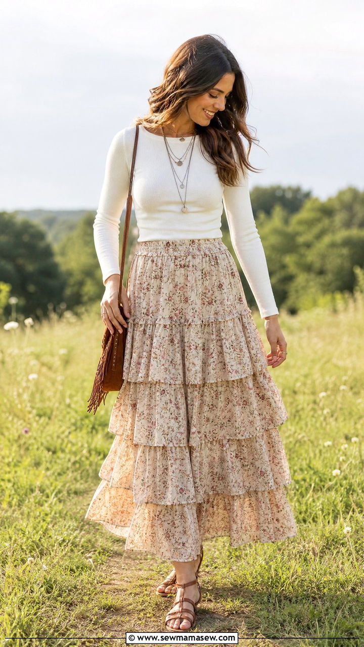 Boho Tiered Maxi Skirt With Fitted Tee - 25 casual outfits for modest women