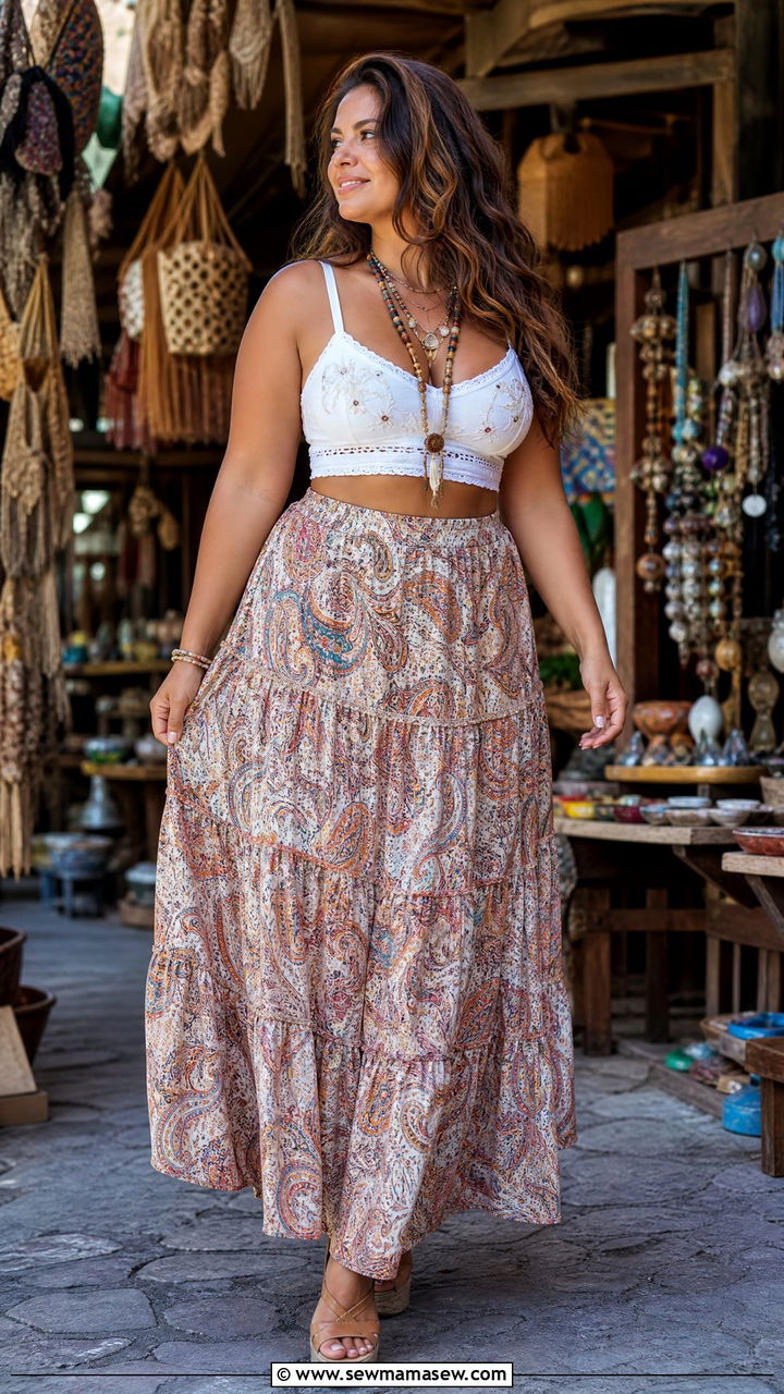 Boho Tiered Skirt with Cropped Embroidered Top - 30 Curvy girl summer outfit ideas