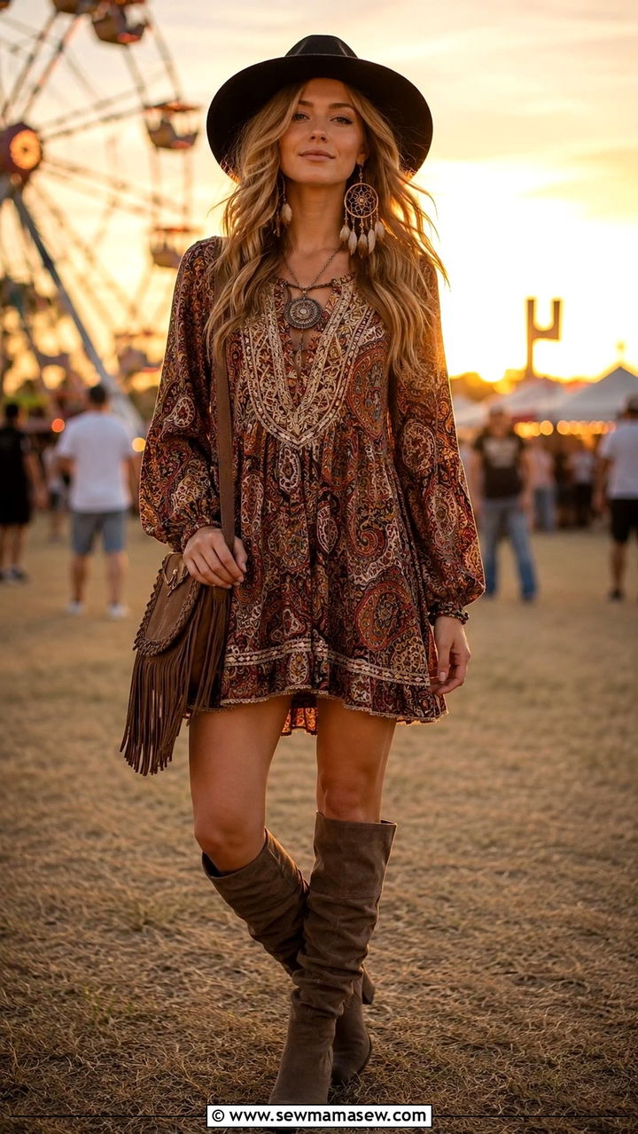 Boho Tunic Dress with Knee High Boots and Felt Hat - 30 State fair outfit ideas
