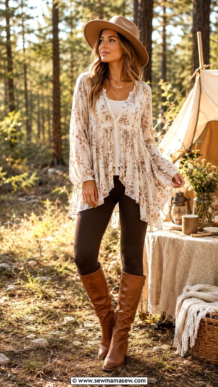 Boho Tunic Leggings Wide Brim Hat Spring Camping Outfit - 30 Spring camping trip outfits