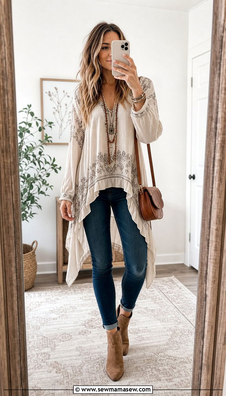 Boho Tunic Top With Skinny Pants - 35 casual boho chic outfits