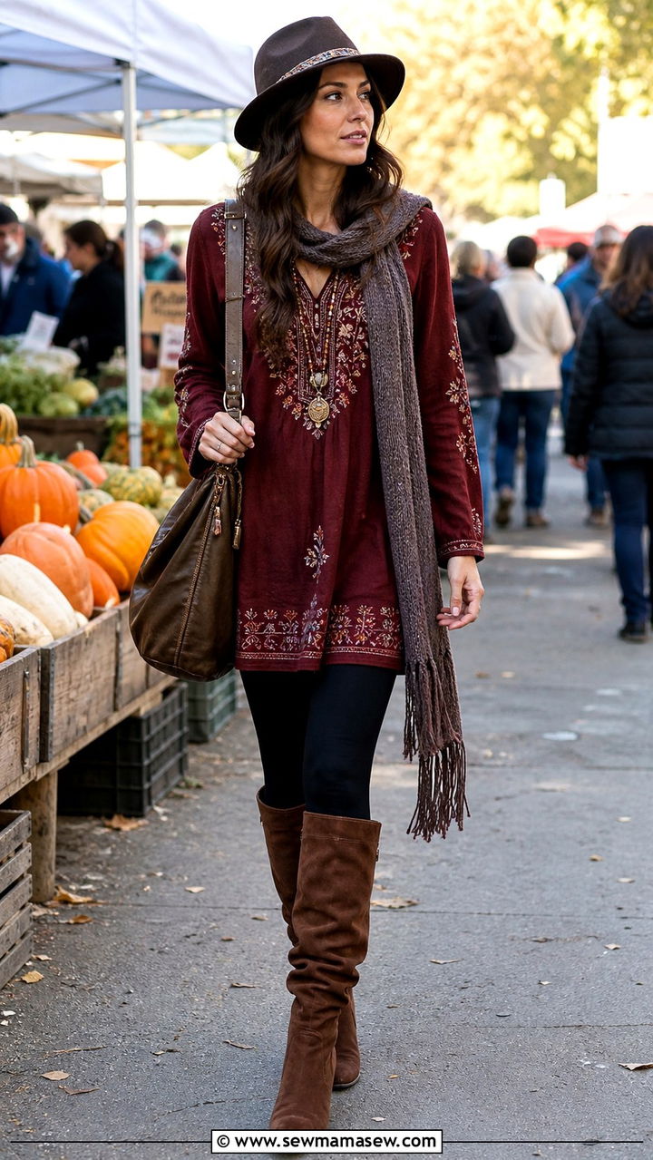 Boho Tunic With Leggings and Tall Suede Boots - 25 boho chic outfits inspo