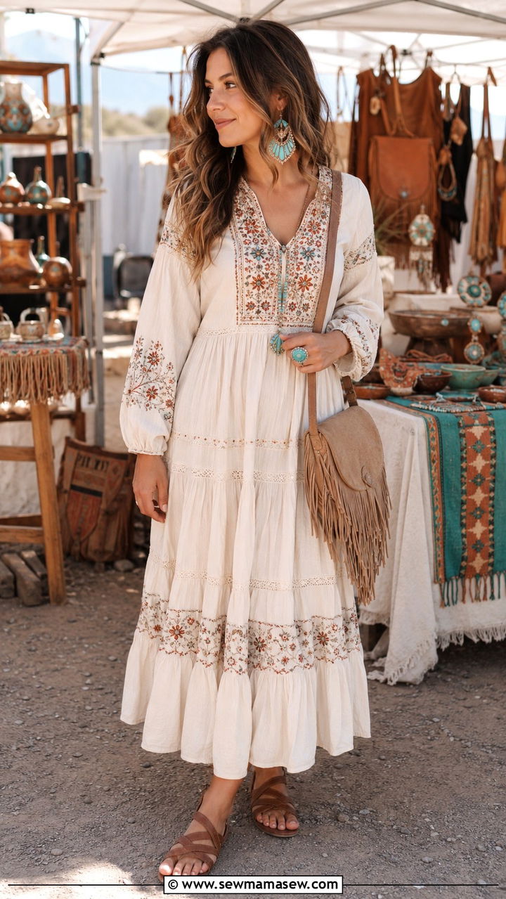 Boho Western Dress with Sandals and Turquoise Jewelry - 30 State fair outfit ideas
