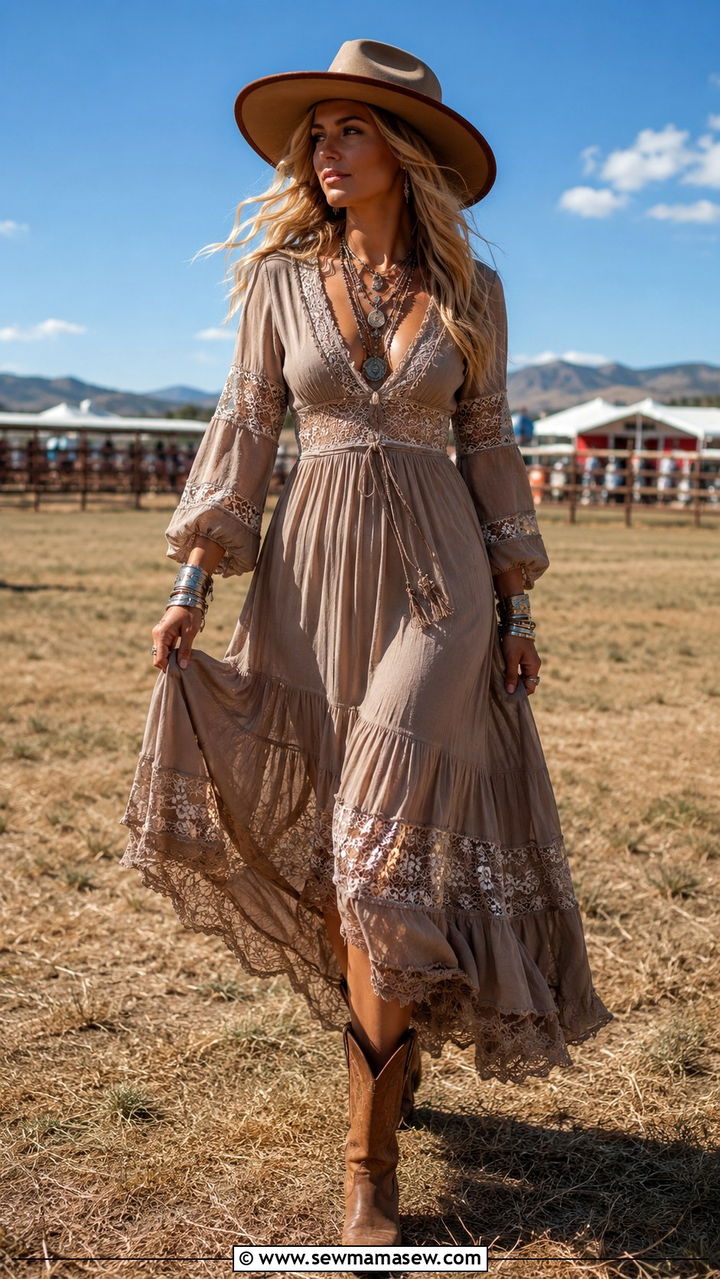 Boho Western Maxi Dress with Ankle Boots - 25 Western outfit ideas for rodeo