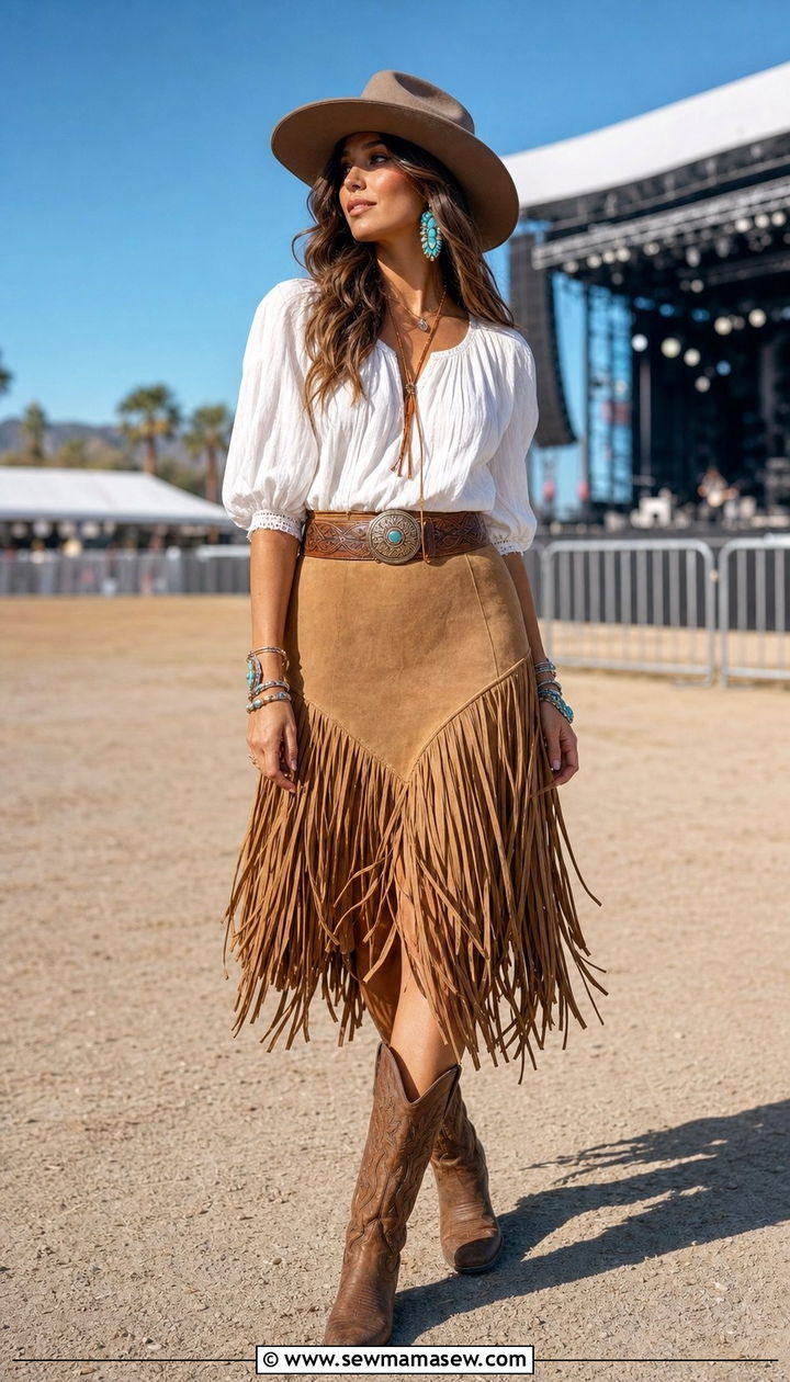 Boho Western Suede Skirt and Hat - 35 boho outfits for women