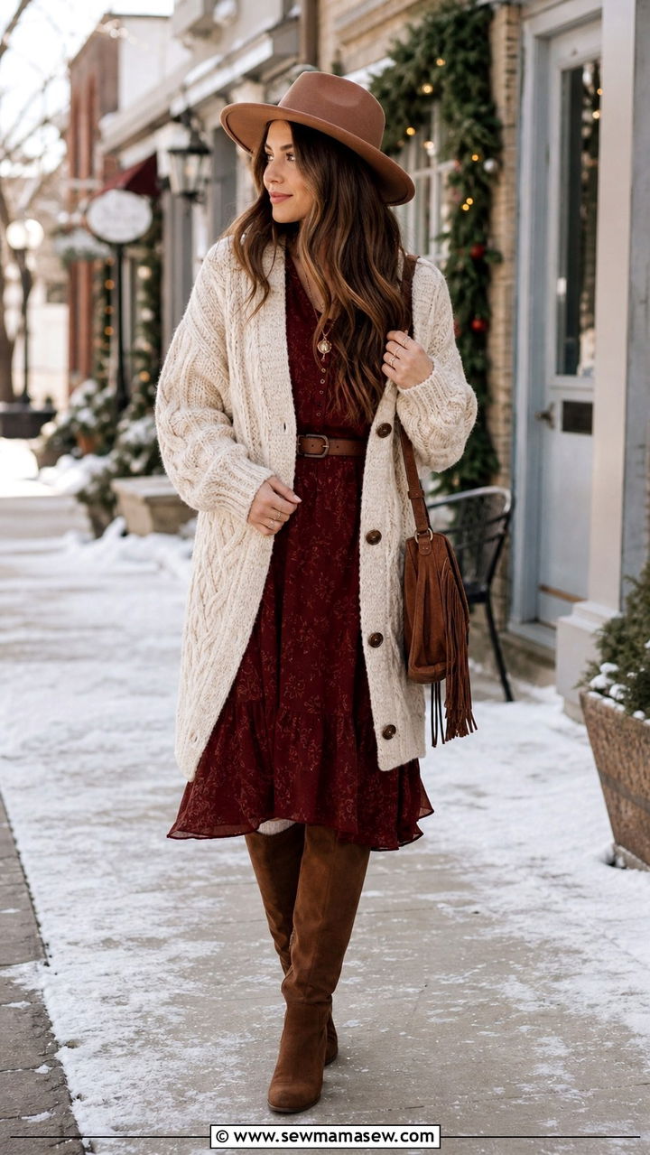 Boho Winter Look With Chunky Knit Cardigan Over Midi Dress - 40 Boho outfit ideas 2026