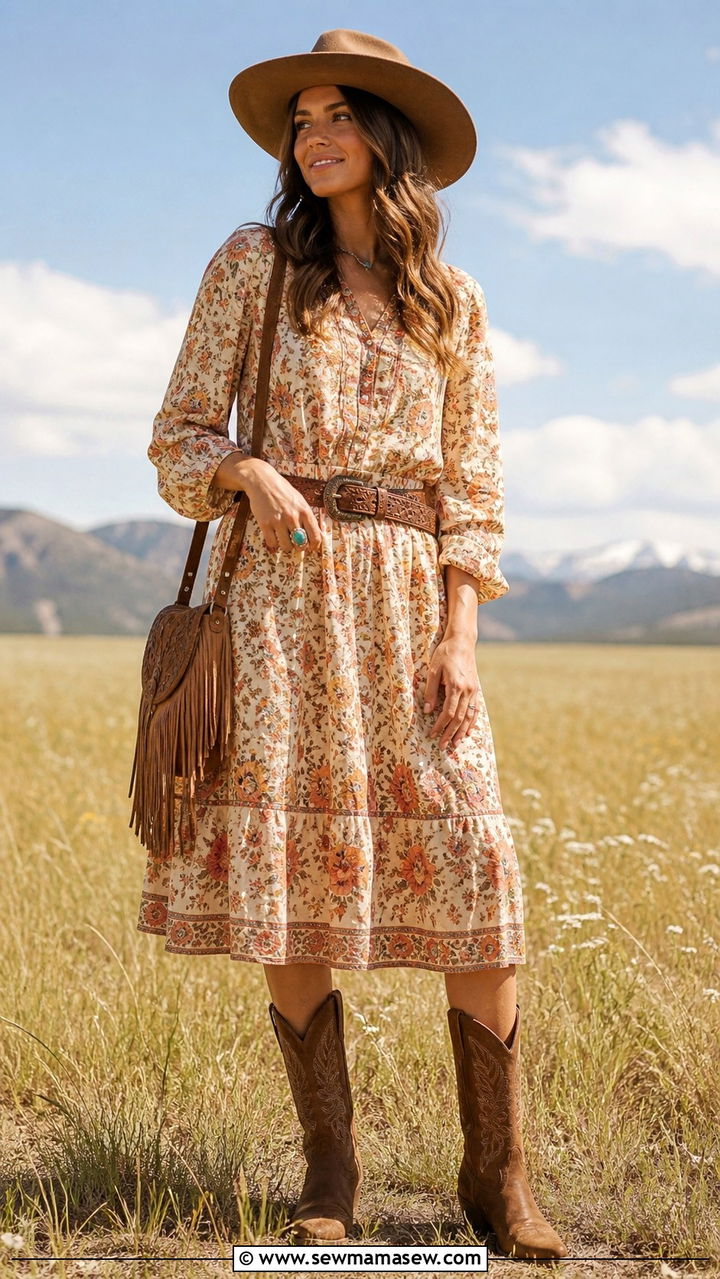 Boho With Cowboy Hat And Western Boots And Floral Dress - 40 Boho outfit ideas 2026