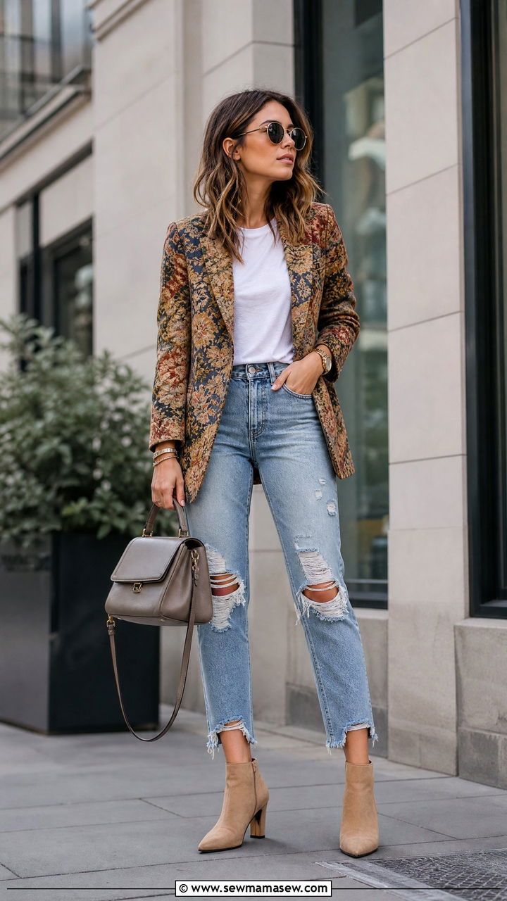 Boho blazer with plain tee and ripped jeans - 30 Boho outfit ideas petite