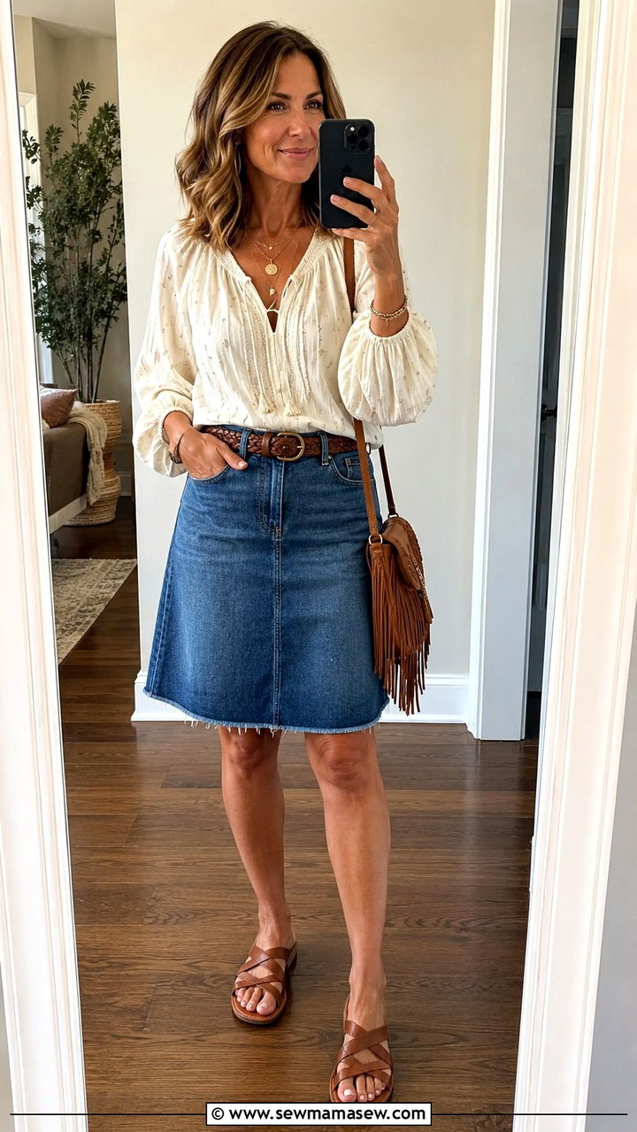 Boho blouse with denim skirt - 30 Boho outfits for women over 50