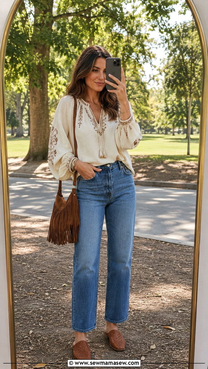 Boho blouse with straight leg jeans outfit - 25 Trendy spring outfit ideas 2026