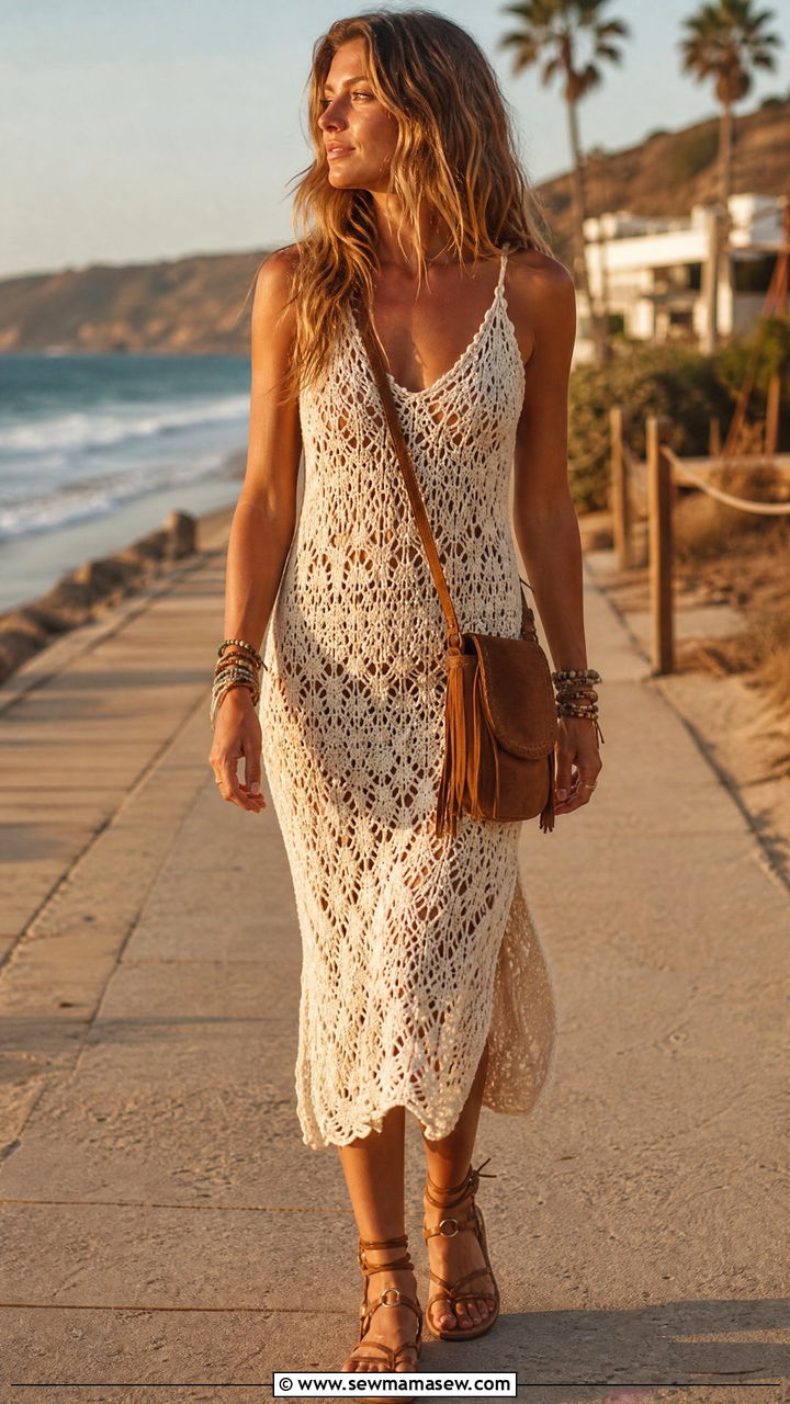 Boho crochet dress beach look - 30 Summer beach day outfit ideas