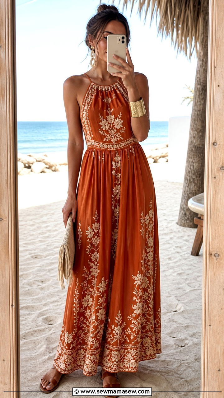 Boho embroidered maxi dress with leather sandals beach wedding - 25 Beach formal wedding guest outfit ideas