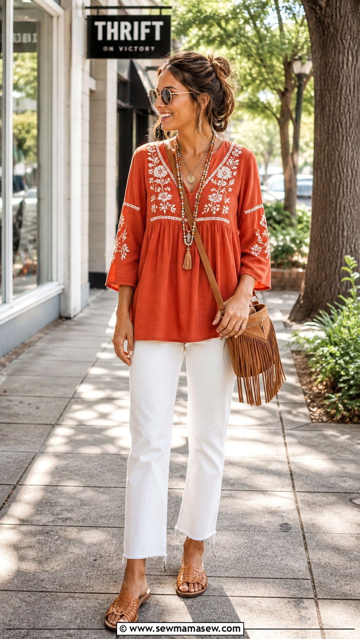 Boho embroidered tunic and white jeans Savannah outfit - 40 What to wear in Savannah