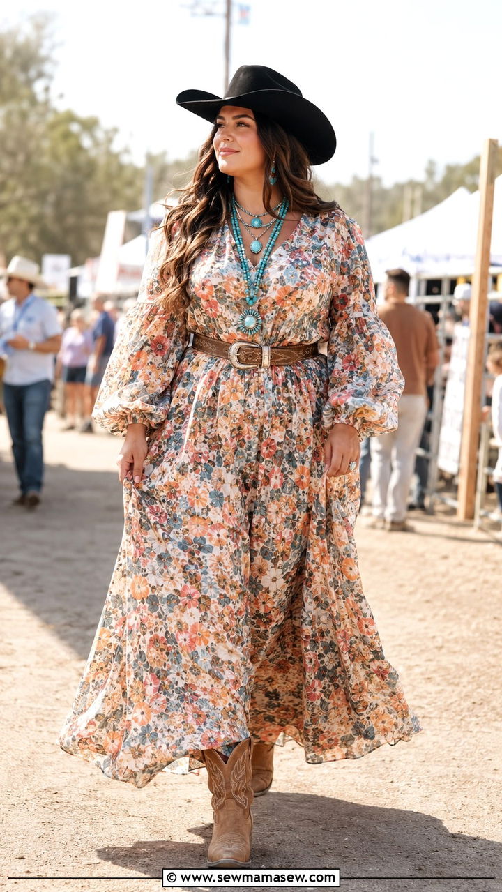 Boho floral maxi dress and black cowboy hat rodeo outfit - 30 Rodeo outfit ideas