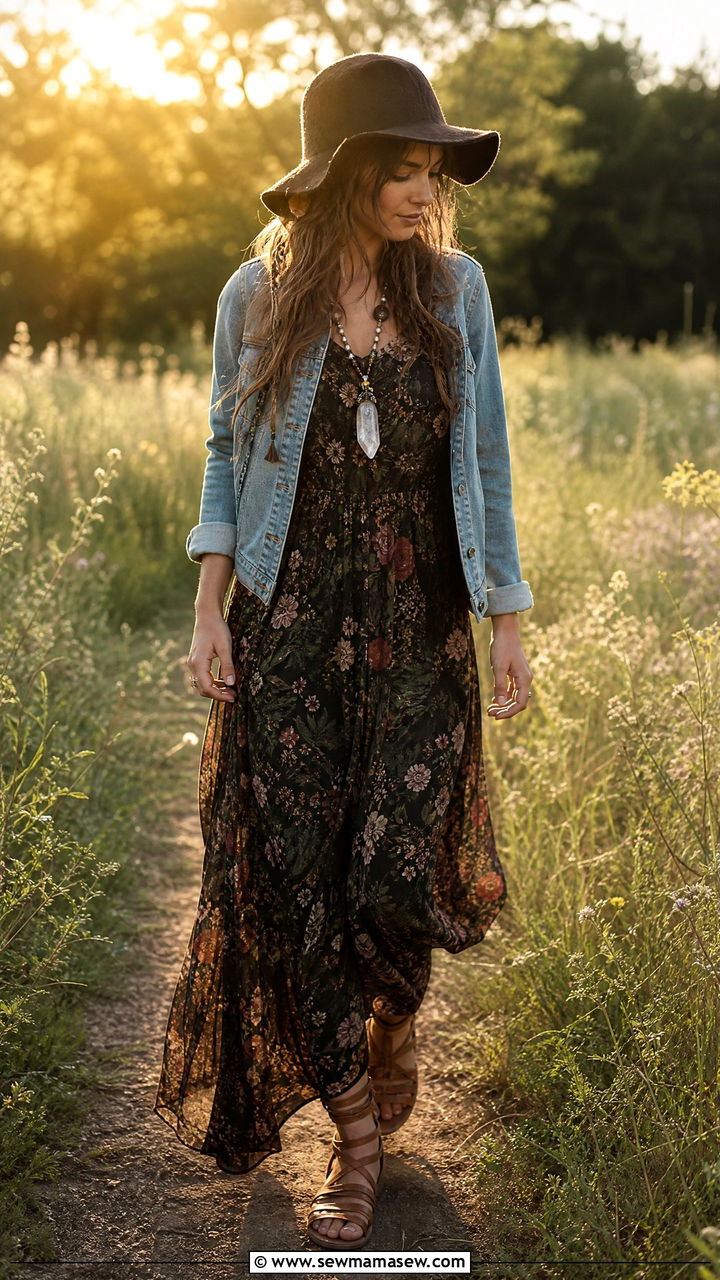 Boho floral maxi dress and denim jacket with lace up sandals - 30 Goblincore outfit ideas