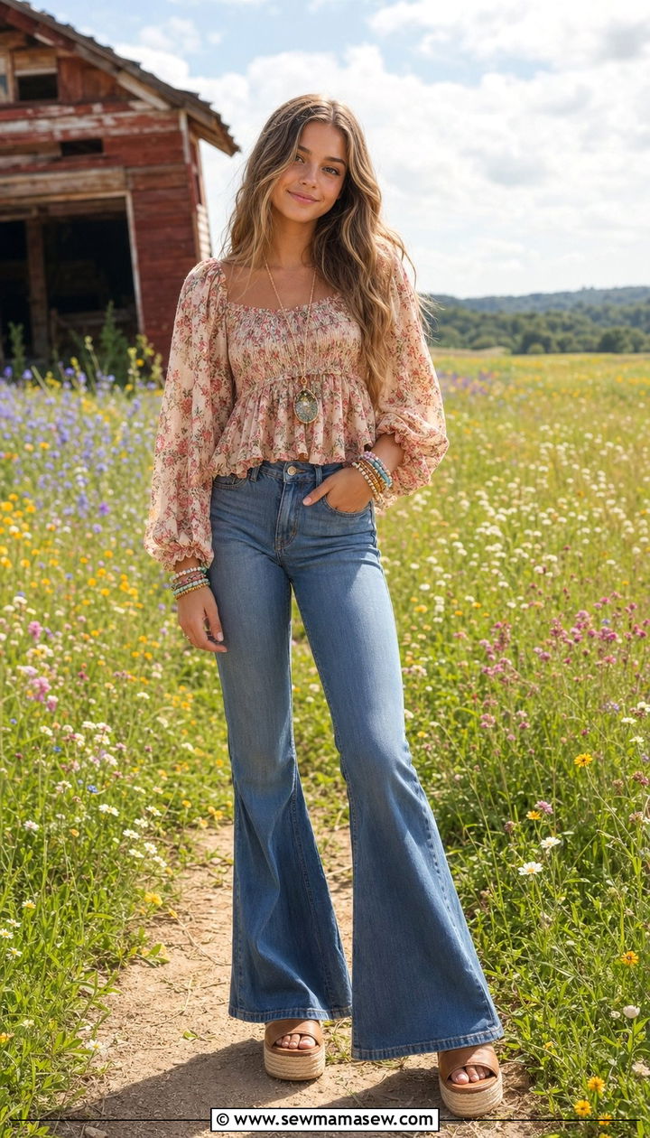 Boho floral top with flared jeans outfit - 35 Back to school outfits for teens