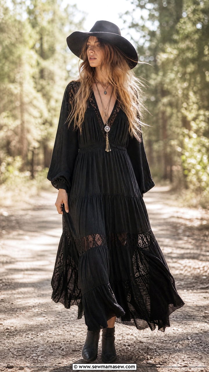 Boho goth black maxi dress with wide brim hat and layered necklaces - 40 Gothic outfit ideas
