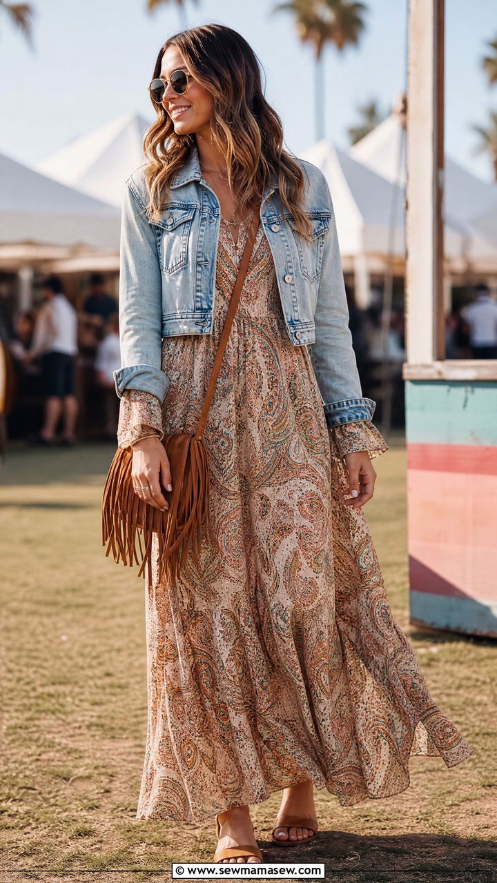 Boho maxi dress with a cropped denim jacket - 30 summer office party outfit ideas